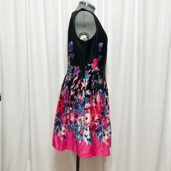 CHETTA B Sz 14 Black in  Bright Floral Print  Sleeveless Pleated Lined Dress - Picture 5 of 5
